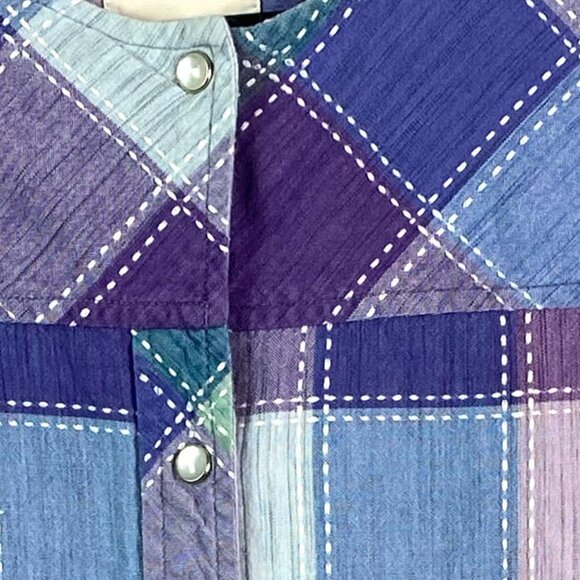 Roamans Vintage Blue and Purple Plaid Pearl Snap Front Dress Med - Picture 3 of 5